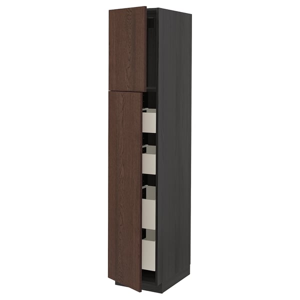 Ikea METOD dark brown wood cabinet with pull-out shelves.