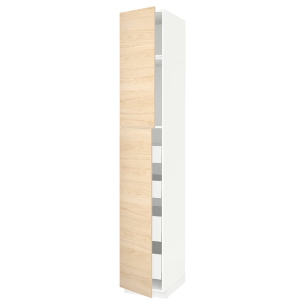 METOD tall storage cabinet with light wood doors and white body.
