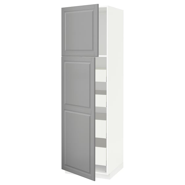 White kitchen cabinet with grey door and shelves, classic design.