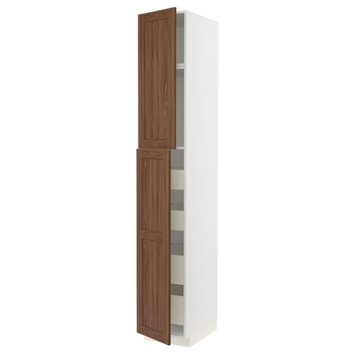 Tall white cabinet with wooden doors, multiple shelves, classic design.