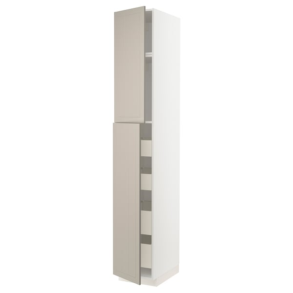A tall white METOD kitchen cabinet with beige doors and multiple shelves inside.