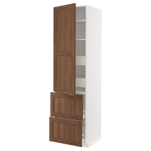 METOD kitchen cabinet in white with walnut drawer and door; includes shelves and drawers.
