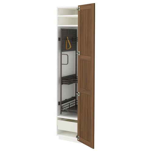 Open wooden cabinet reveals shelves and drawers. Walnut finish, adjustable shelves, and metal drawers.