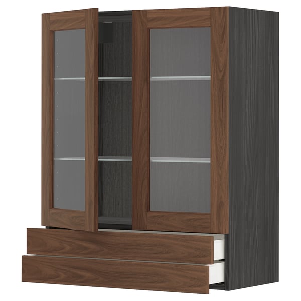 Modern wooden kitchen cabinet with glass doors, dark finish, sleek design, and adjustable shelves.