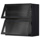 Black modern kitchen cabinet with sleek glass door, metal frame, and integrated handle. Square shape with vertical lines and tempered glass.