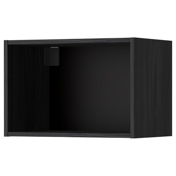 A black METOD wall cabinet from IKEA. Its rectangular, made of particleboard with a melamine finish, and has a simple, modern design.