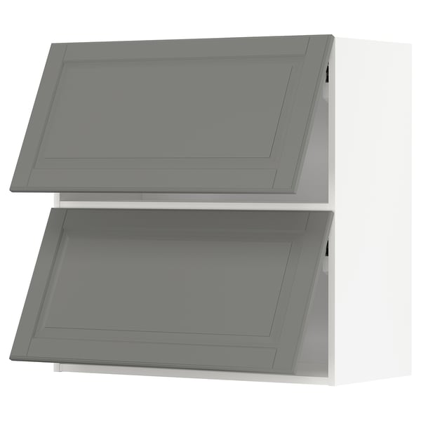 Image displays two grey METOD kitchen cabinets with bevelled edges in soft grey.