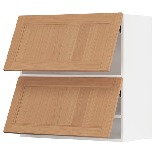 METOD kitchen cabinets in oak. Two wall-mounted units with lift-up doors, natural wood grain, white interiors.