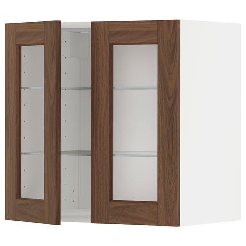METOD kitchen cabinet, white and dark wood. Glass doors with walnut foil, adjustable shelves, and sturdy frame.