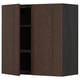 Dark brown wooden kitchen cabinet with two openable doors and adjustable shelves.