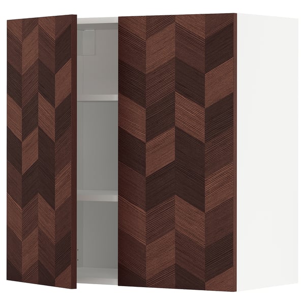 METOD kitchen cabinet with hasslarp herringbone wood veneer fronts, brown and natural tones, rectangular shape, three doors, two adjustable shelves.