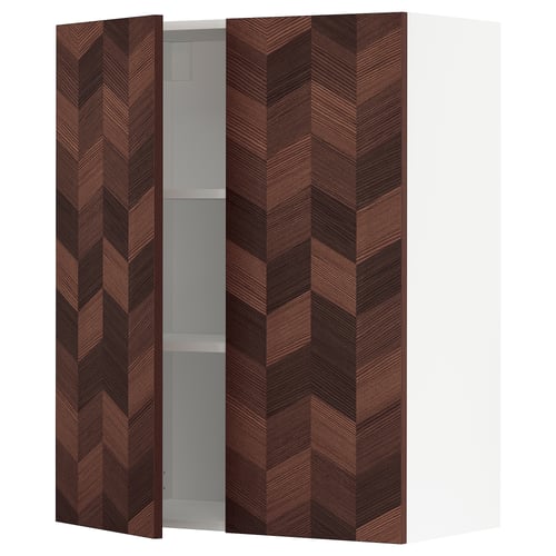 METOD kitchen cabinet with herringbone-patterned brown wooden doors, adjustable shelves, and 25-year guarantee.