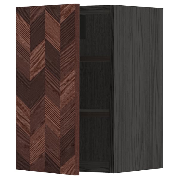 Modern wooden cabinet with herringbone pattern and dark finish, one door open, two shelves inside.