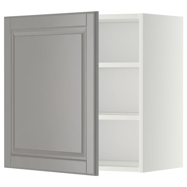 Open grey cabinet door, white shelves, modern kitchen design.