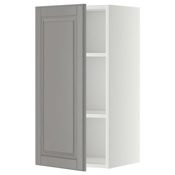 METOD wall cabinet in soft grey with adjustable shelf and bevelled door.