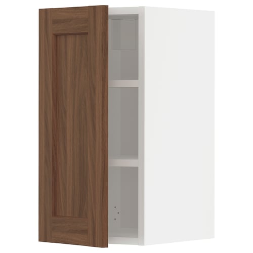 Walnut METOD kitchen cabinet with interior shelves.