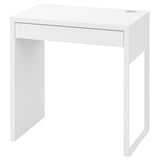 White MICKE desk, minimalist, single drawer, cable management, rectangular shape.