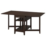 Dark wooden rectangular dining table with foldable leaves and middle storage shelf, combining modern function and rustic style.