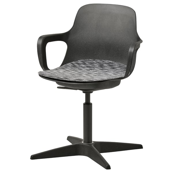 Black ODGER office chair with armrests, adjustable height, swivel, and modern design.