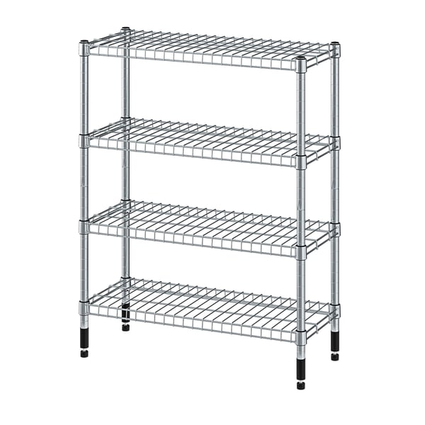 A silver OLAUS 4-tier metal shelving unit with adjustable feet.