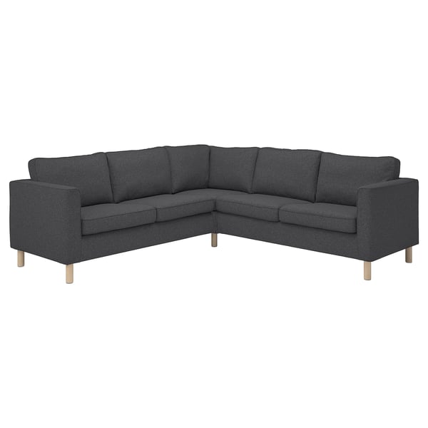 Dark grey l-shaped PÄRUP sofa, modern design with removable machine-washable cover, wooden legs.