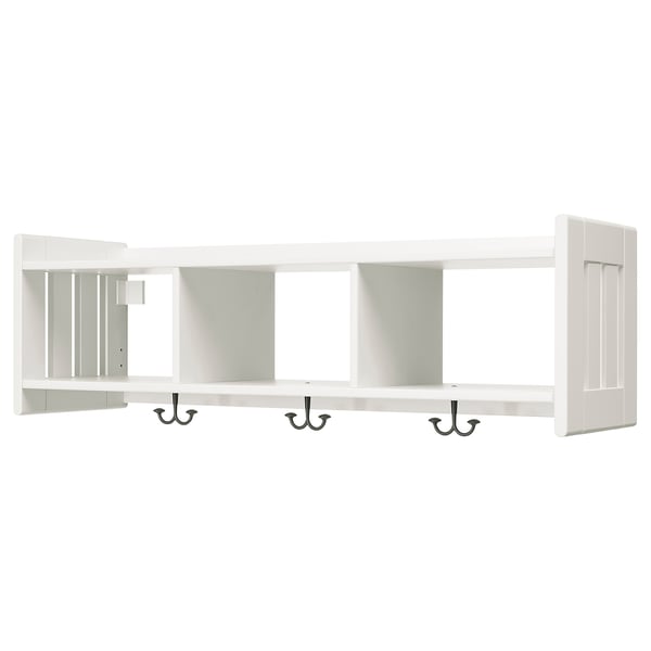 White wooden wall shelf with 3 black hooks.