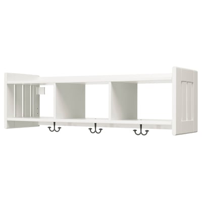 White wooden wall shelf with 3 black hooks.