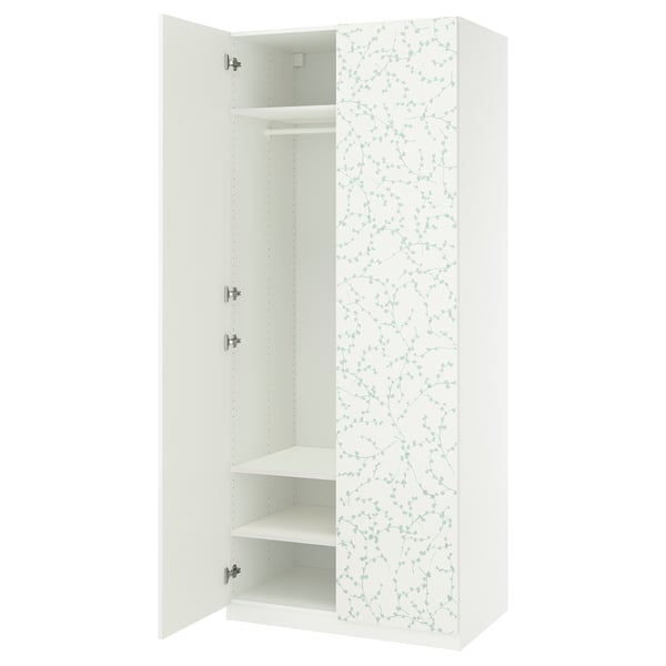 Open white floral wardrobe with shelves, rail, and soft-close hinges.