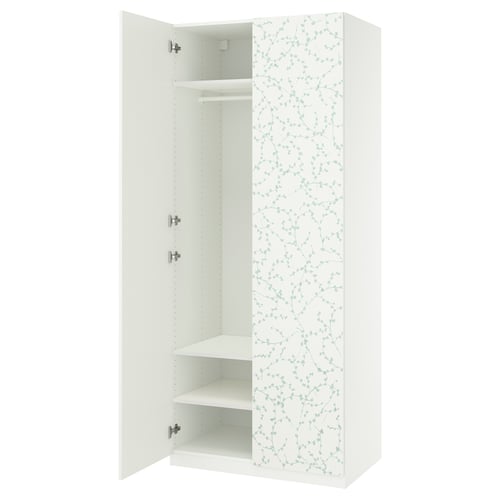 Open white floral wardrobe with shelves, rail, and soft-close hinges.