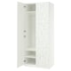Open white floral wardrobe with shelves, rail, and soft-close hinges.