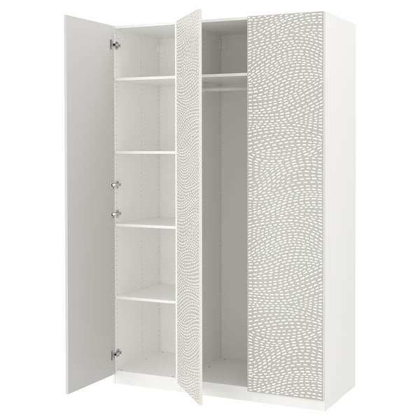 A white ikea PAX wardrobe with a textured door, featuring adjustable shelves and soft-close hinges.