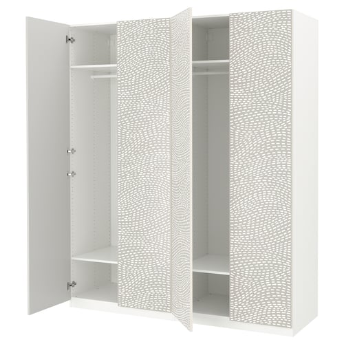White PAX wardrobe with textured doors, soft close hinges, and adjustable shelves.