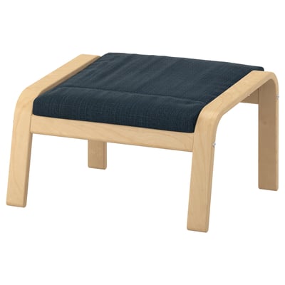 Modern wooden footstool with blue cushion, light natural wood frame, curved legs, and square seat.
