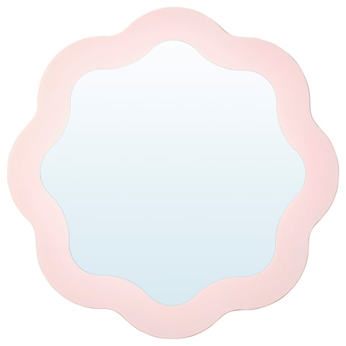 Pink wavy-edged mirror with light blue tint, decorates walls safely.
