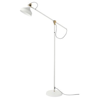 A white RANARP floor lamp. It adjustable arms and a sleek design.