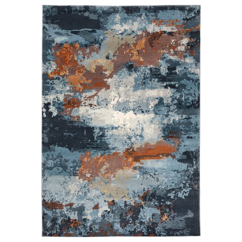 Abstract rug with dark blue, grey, and orange hues. An artistic, textured pattern. Crafted from durable polypropylene with a latex backing.