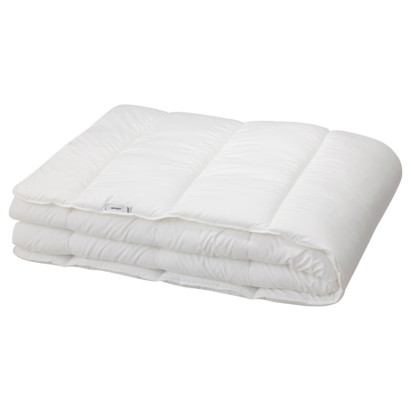 White SÄFFEROT recycled polyester duvet folded neatly, rectangular shape.