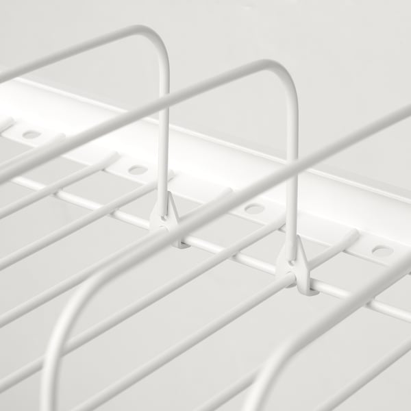 Close-up of sturdy white wire dish drainer, showcasing robust metal construction and adjustable design.