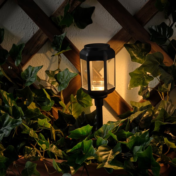 A lit solar-powered lamp within lush green plants, its warm light shining through transparent panels, mounted on a wooden structure.