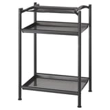 A black SPÄND storage unit with two mesh shelves and metal legs. Its designed for organising office supplies.