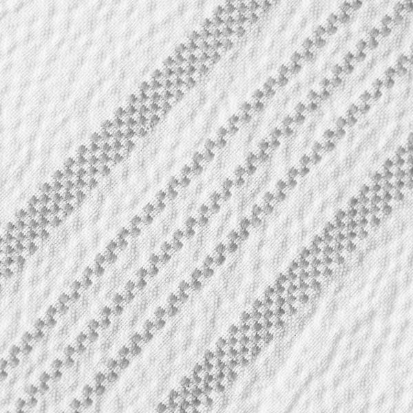 White shower curtain with sleek, textured, grey woven stripes. Dense, water-repellent fabric, durable and eco-friendly.