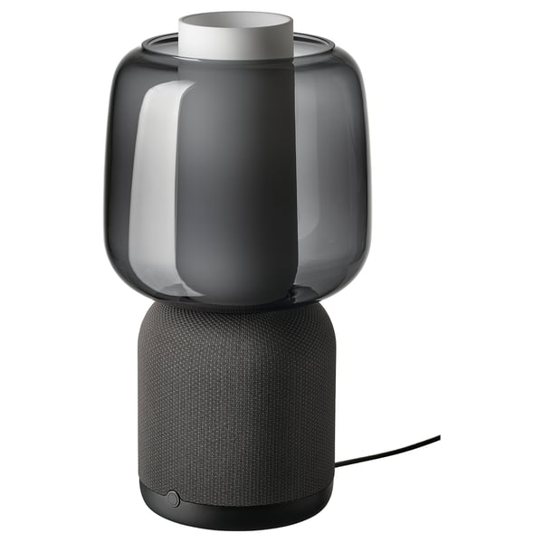 SYMFONISK, black wifi speaker & lamp combo, cylindrical, fabric & plastic, modern minimalist design.