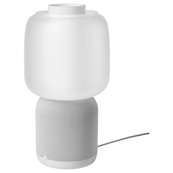SYMFONISK wifi speaker lamp. White, minimalist design with fabric speaker base and smooth lamp house.