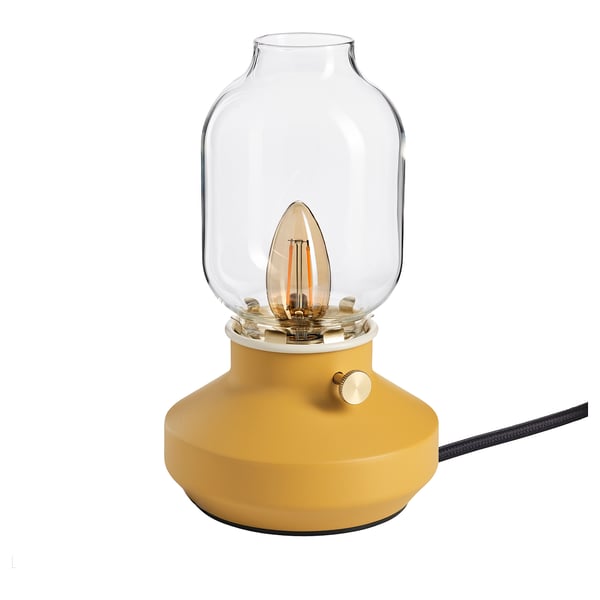TÄRNABY lamp: yellow, bulb shape, glass shade, metal base.