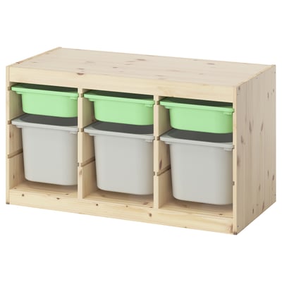 TROFAST light wood storage with white and green bins.