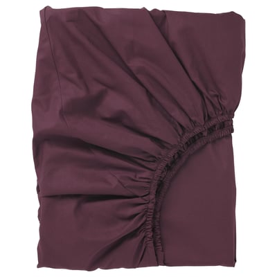 Deep purple ULLVIDE fitted sheet, elastic edges, crisp percale weave, rectangular folded.