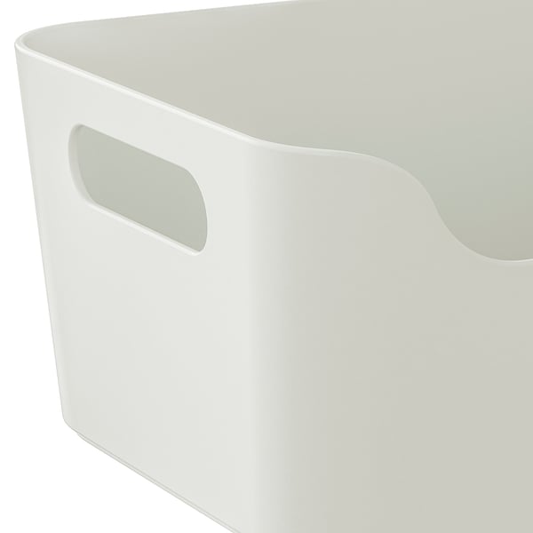 White storage box with cut-out handles; smooth finish, rounded corners; designed for easy access and transport.