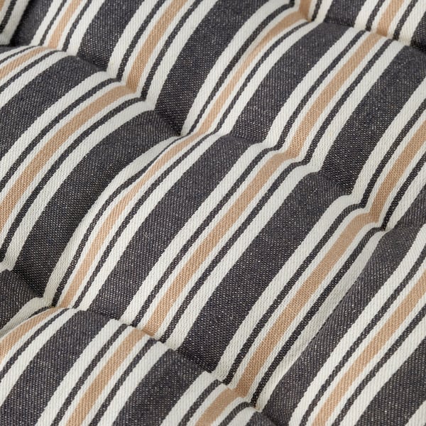A close-up of a grey, beige, and white striped cushion with a high-quality texture. Stripes are evenly aligned, showcasing a soft, woven fabric.