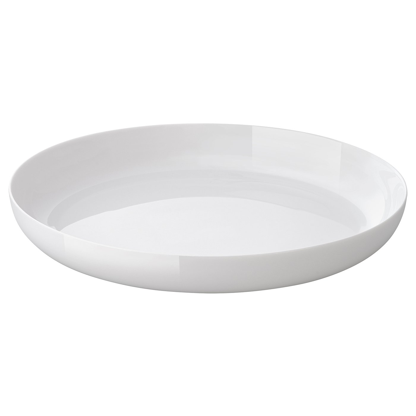 A white, round, opaque glass plate. It has a smooth, elegant design and is both dishwasher and microwave safe.