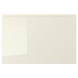 VOXTORP beige high-gloss kitchen cabinet with integrated handles.